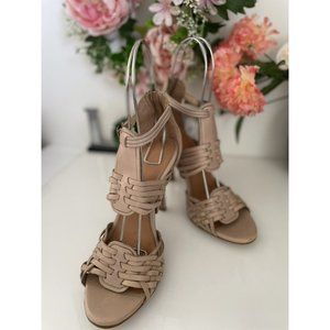 Corso‎ Como Strappy Beige Nude Leather Sandals 4" Heels Back Zipper Size 8.5 EUC